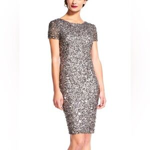 ADRIANNA PAPELL- Beaded Short-Sleeve Sheath Dress, Gray/Silver, size 4